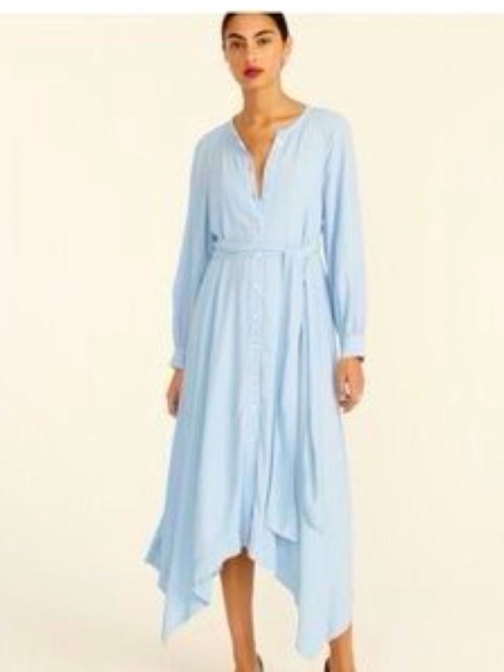 J. Crew Handkerchief hem shirt-dress Pale Blue Button-Front Tie-Waist Midi Dress - Picture 2 of 6
